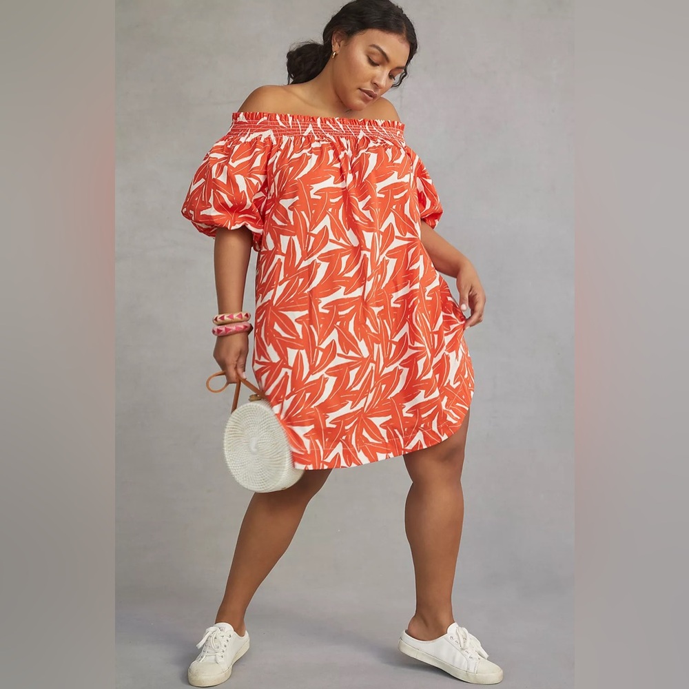 Anthropologie WHIT TWO Banana Leaf Off-The-Shoulder Smocked Tunic Dress